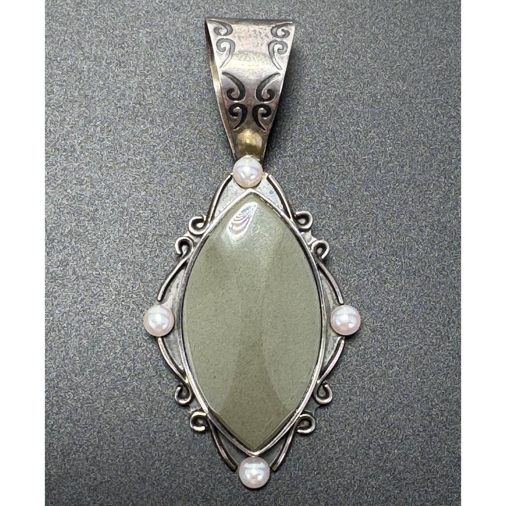 Jay King DTR 925 Sterling Gray Green Stone & Pearl Pendant 17.35g Large Bail